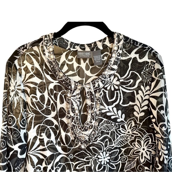 CHICO, NWOT, WOMENS SHEER TUNIC TOP WITH RHINESTONE, BEADED NECKLINE. SIZE 0 - Picture 2 of 7